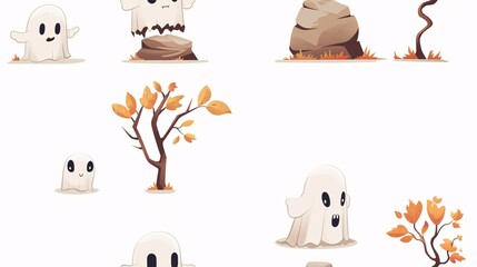 Adorable Halloween Ghost and Autumn Leaves Seamless Pattern: A whimsical pattern featuring cute cartoon ghosts and autumn leaves, perfect for creating spooky yet charming Halloween designs.