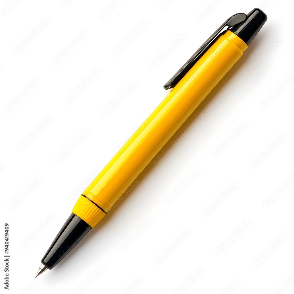 Poster a striking yellow pen lying flat and centered on a pristine white background showcasing the minimali