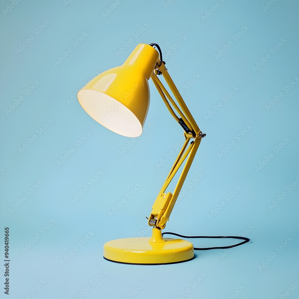 Poster striking and elegant yellow desk lamp standing upright and isolated on a plain studio background cre