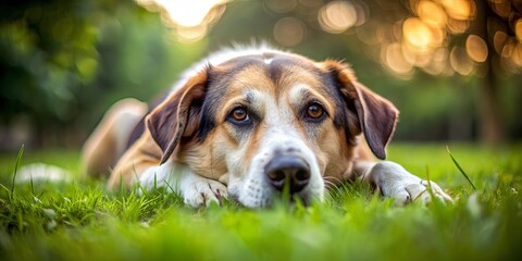 Sad, dirty dog lying on grass for World Homeless Animals Day , homeless, animals, stray, alone, abandoned, neglected