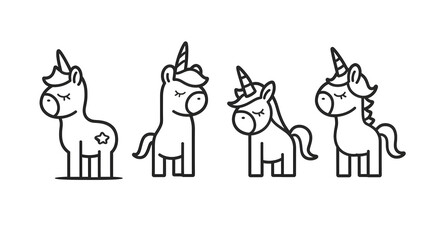 Fototapeta premium Adorable black-and-white line art of four unicorns with different poses and features, each with a unique design. Perfect for children's illustrations, fantasy designs, and coloring pages.