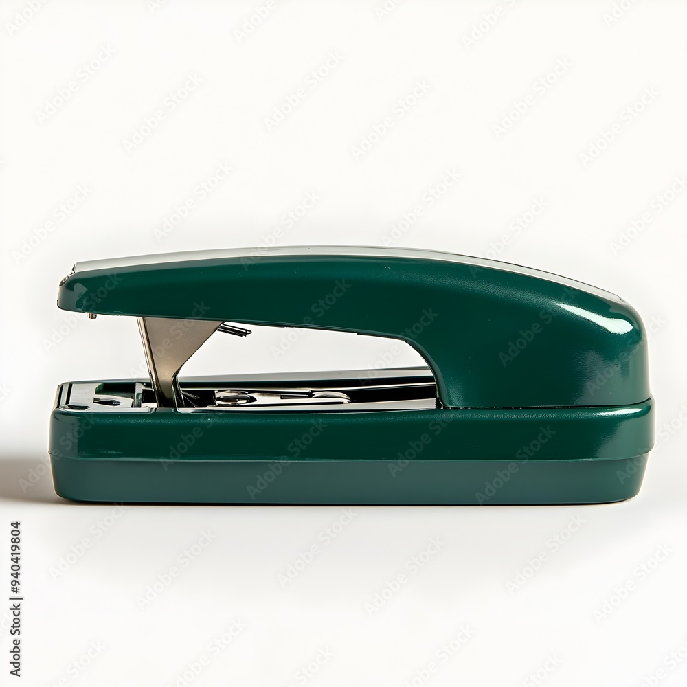 Poster minimalist photograph of a green stapler centered and isolated on a plain white background showcasin