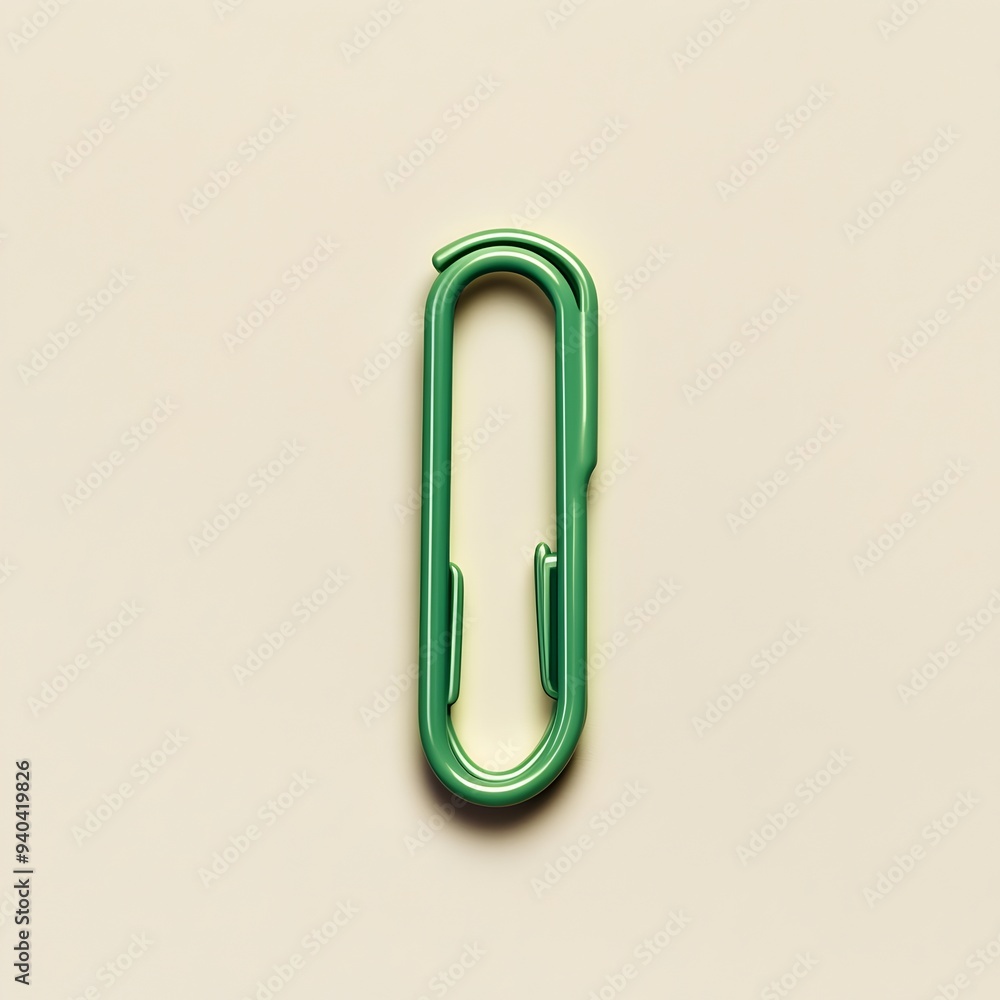 Poster striking green metallic paperclip centered on a clean light background highlighting the simple yet e