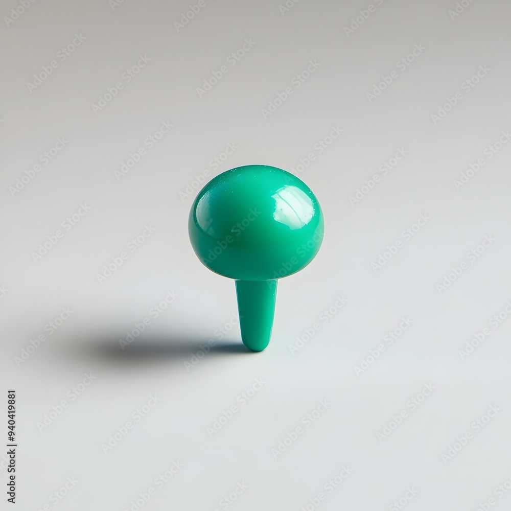 Poster closeup shot of a green push pin isolated and placed at the center of a plain minimalist surface the