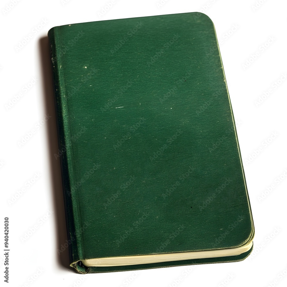Poster sleek and sophisticated green notebook placed centrally on a clean white background emphasizing its 