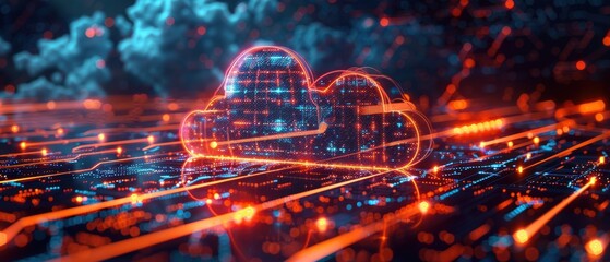 Fototapeta premium Digital Cloud Computing Network in Hologram - Futuristic Technology Concept with Glowing Data Pathways