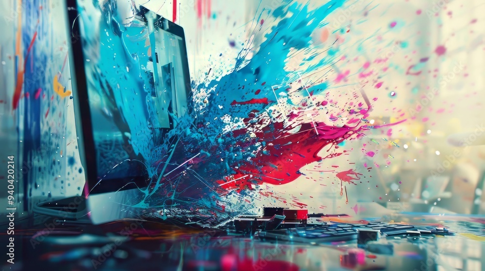 Poster vibrant digital art background featuring a computer screen with dynamic paint splashes and futuristi