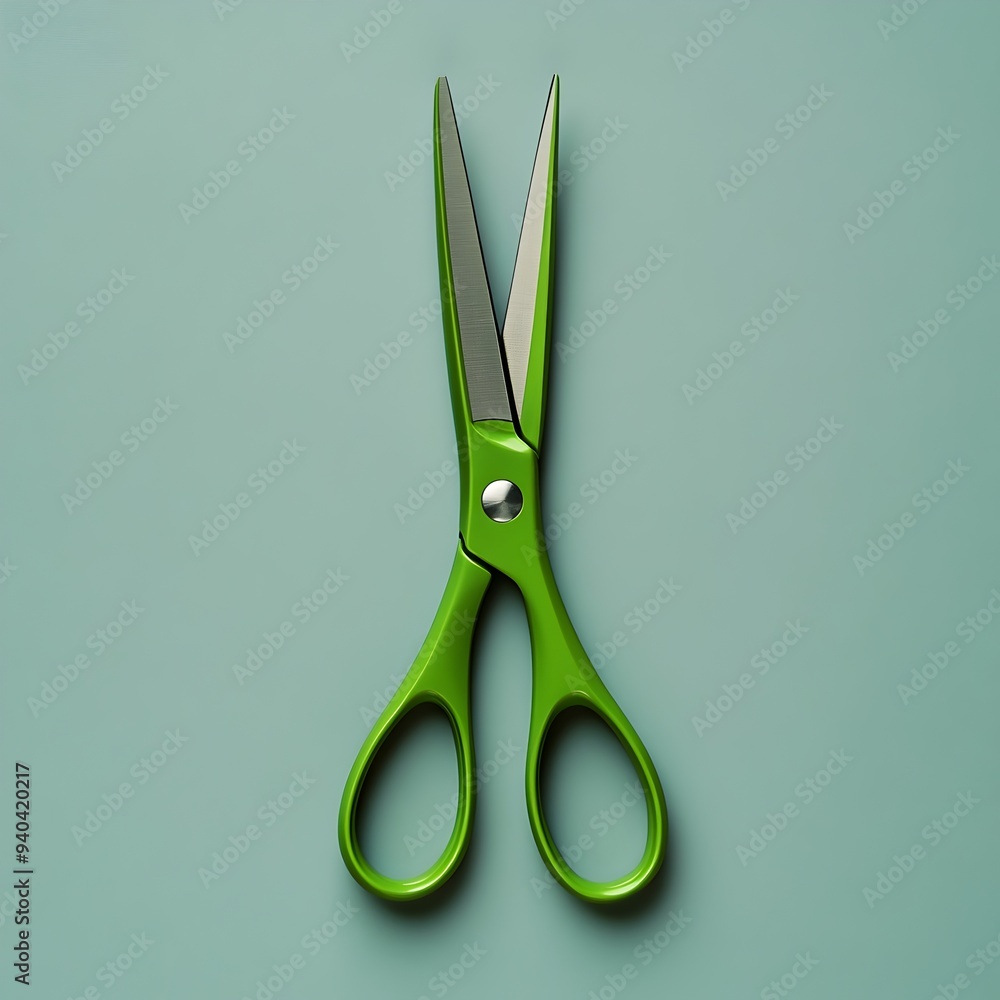 Poster vibrant green scissors placed at the center of a plain minimalist background creating a simple and e