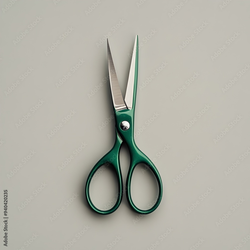 Poster elegant green pair of scissors in the center of a plain minimalistic background the sharp metal blad