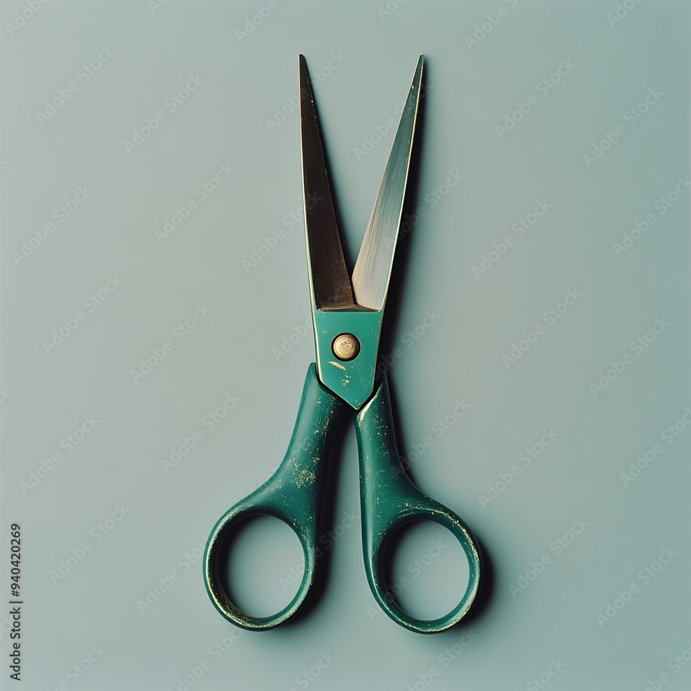 Poster closeup photograph of a pair of green scissors centrally positioned against a plain minimalist backg