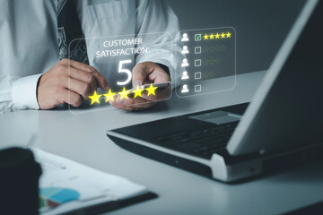 Users rate service experience 5-star rating, experience evaluation survey, feedback, business quality, service, best compliments Customer service evaluation concept