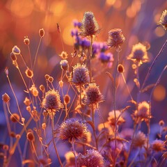 Obraz premium 2.Macro shot of wildflowers with a soft focus effect, captured during golden hour with a warm orange glow, backlit plants with fluffy seedheads, delicate stems creating intricate details, purple hues