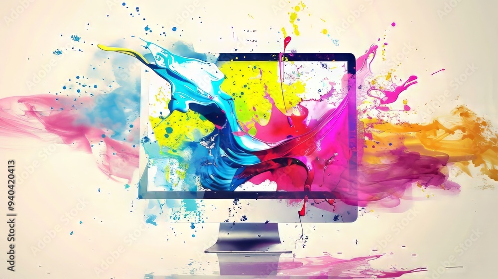 Poster vibrant digital art background featuring a computer screen with dynamic paint splashes and futuristi