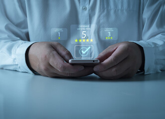 Users rate service experience 5-star rating, experience evaluation survey, feedback, business quality, service, best compliments Customer service evaluation concept