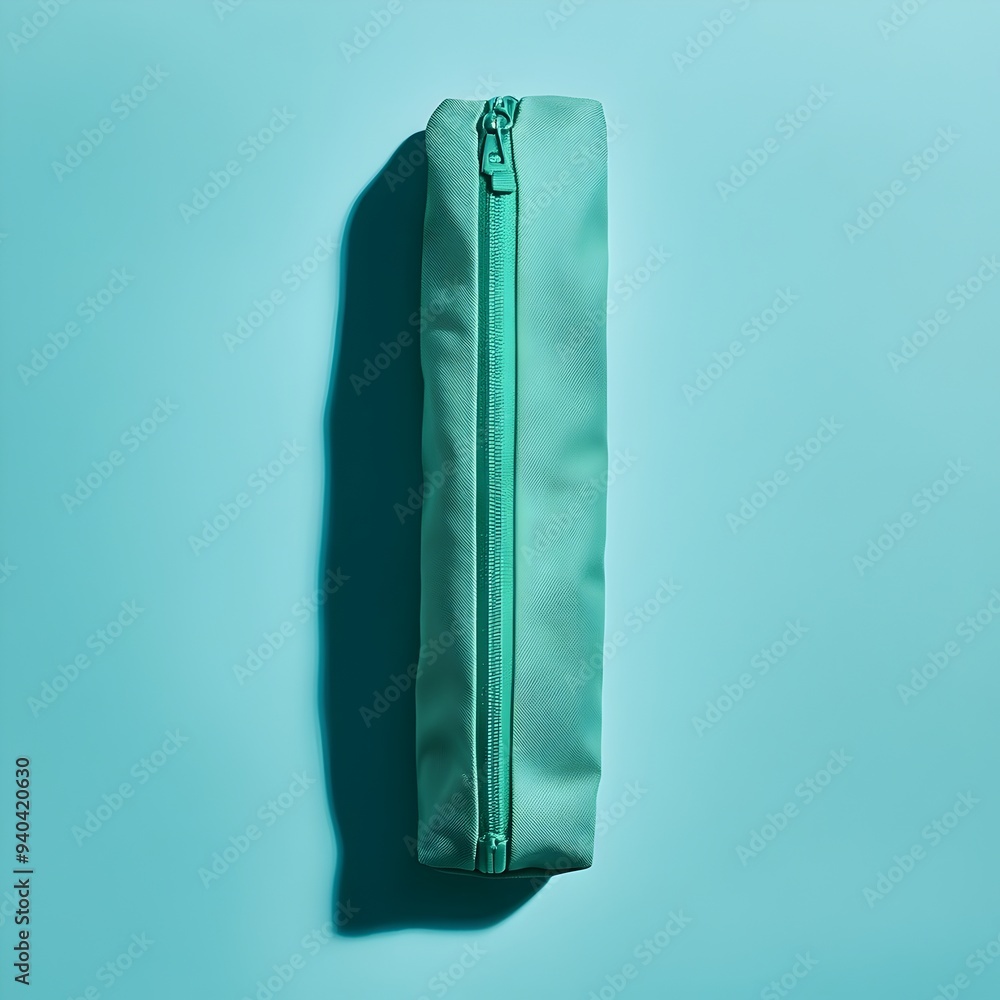 Aufkleber minimalist photograph of a single green pencil case placed at the center of a plain neutral colored 