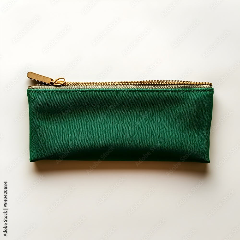 Poster closeup of a sleek minimalist green pencil case placed centrally on a plain studio backdrop the simp