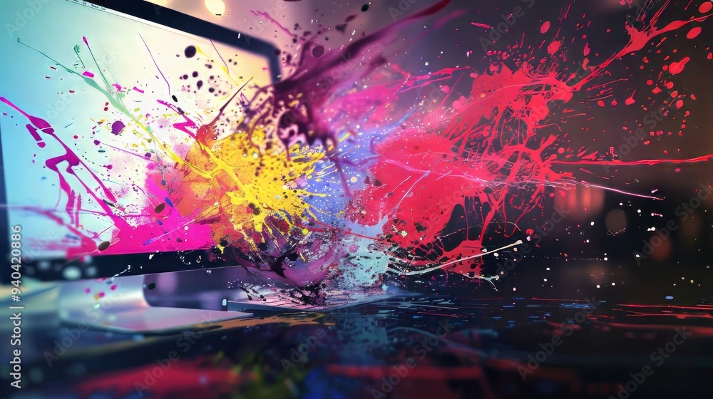 Poster vibrant digital art background featuring a computer screen with dynamic paint splashes and futuristi