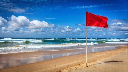Red flag warning of dangerous surf conditions on a sunny beach day , red flag, warning, danger, surf conditions, beach, safety