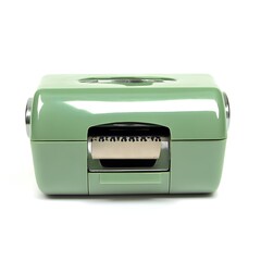 Closeup of a modern and minimalist green tape dispenser placed at the center of a clean white studio background  The tape dispenser is a simple functional office supply accessory for a professional