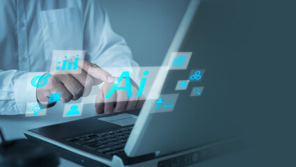 AI machine learning. Businessman experiences use of AI technology on virtual interface, innovation and digital transformation global information network, internet and digital technology ai.