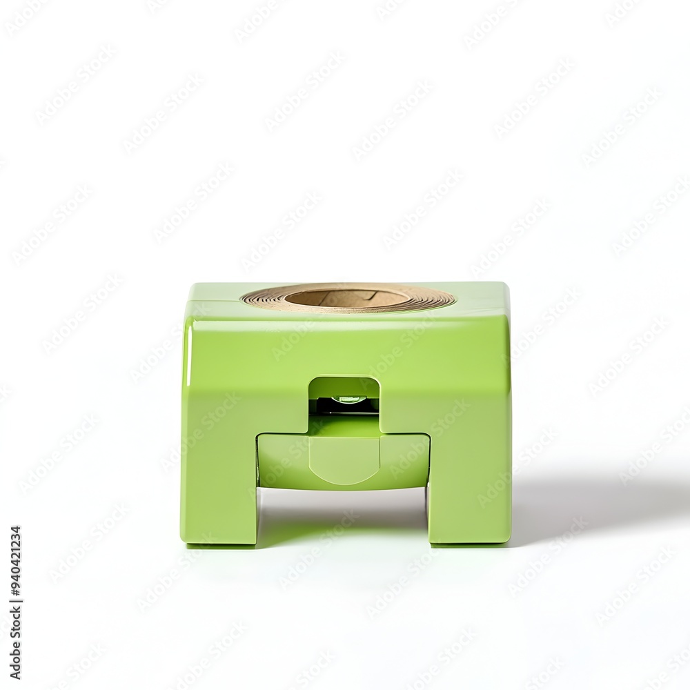 Poster closeup of a minimalist green tape dispenser placed at the center of a plain white background the of