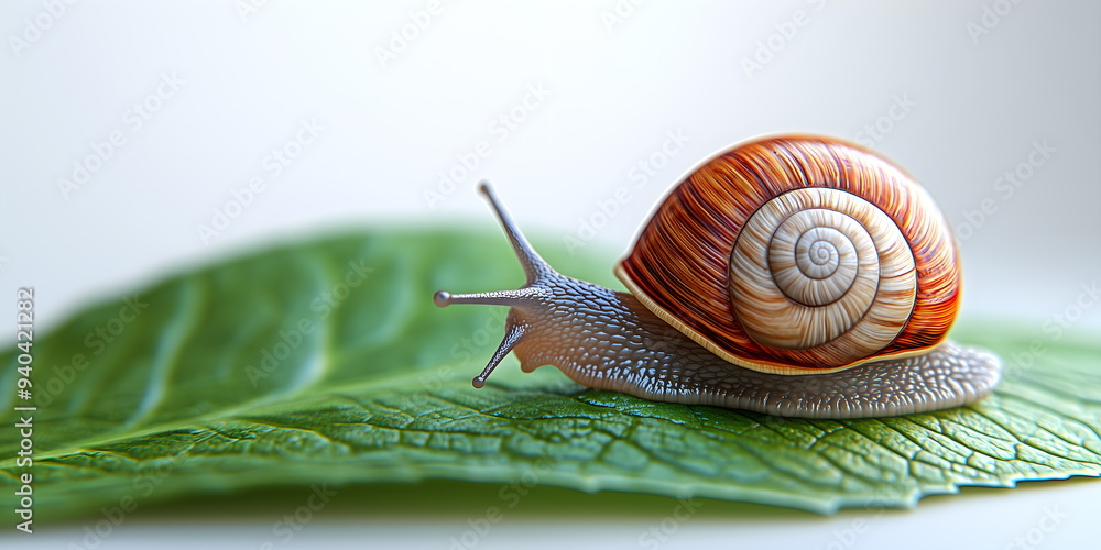 Wall mural snail on white background with green leaf