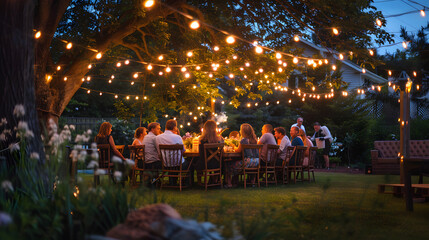  A magical outdoor dinner party with friends gathered around a long table, illuminated by twinkling string lights in a lush garden. Perfect for lifestyle, celebration, and evening gathering themes.