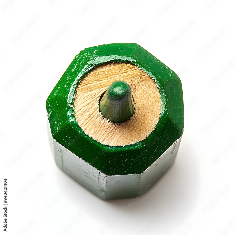 Poster a simple yet functional green pencil sharpener placed at the center of a clean white background high