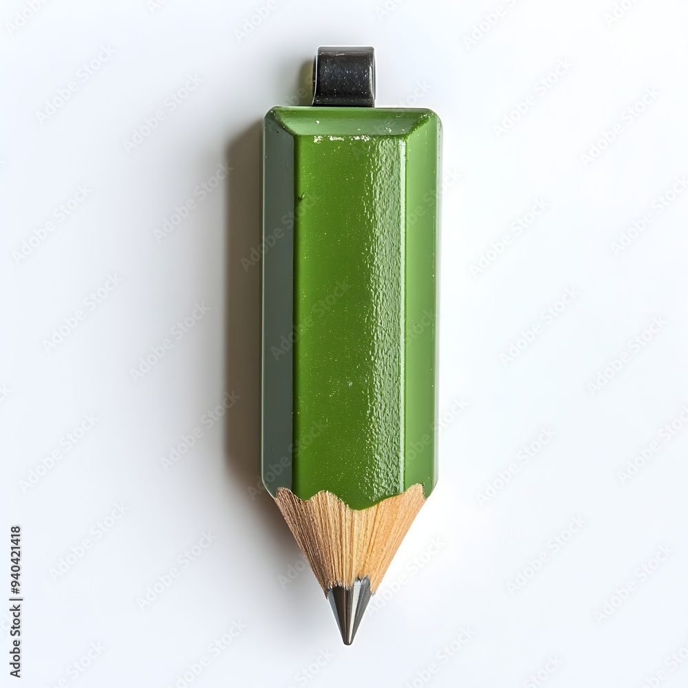 Poster a closeup photograph of a green pencil sharpener placed at the center of a minimalist white backgrou