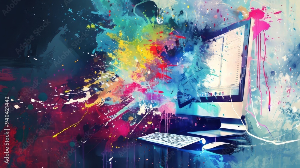 Poster vibrant digital art background featuring a computer screen with dynamic paint splashes and futuristi