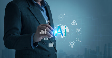 Navigating Digital Transformation. Businessman leverages AI technology to navigate through complex global networks, enhancing business strategies with digital intelligence, AI, Machine learning.