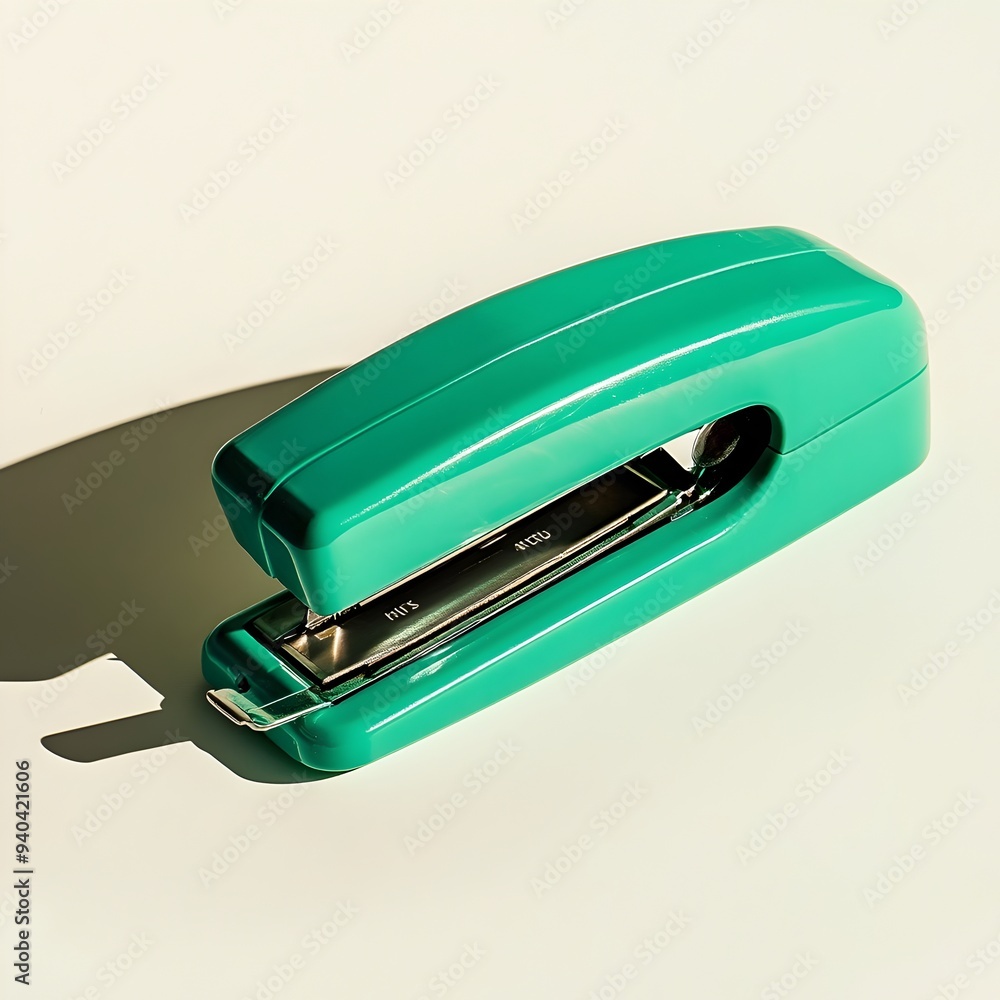 Poster closeup of a green stapler remover placed at the center of a light colored surface showcasing the si