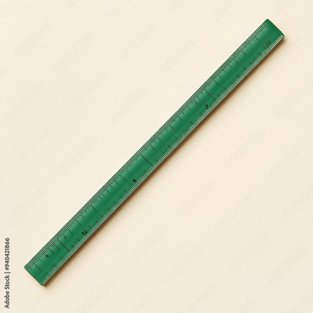 Poster green ruler lying flat on light background measuring precision and accuracy in minimal office or des