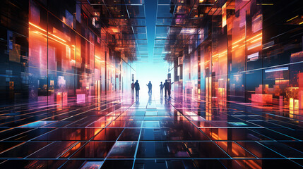 Fototapeta premium generated illustration back view of silhouette of unrecognizable male character working with large screen in dark cyberspace