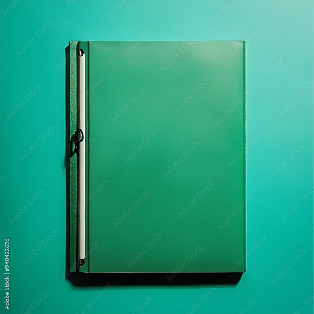 Poster green binder lying flat at the center of a plain surface with isolated minimal background