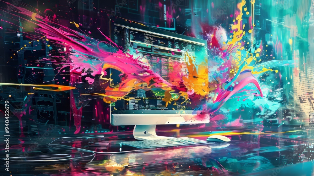 Poster vibrant digital art background featuring a computer screen with dynamic paint splashes and futuristi
