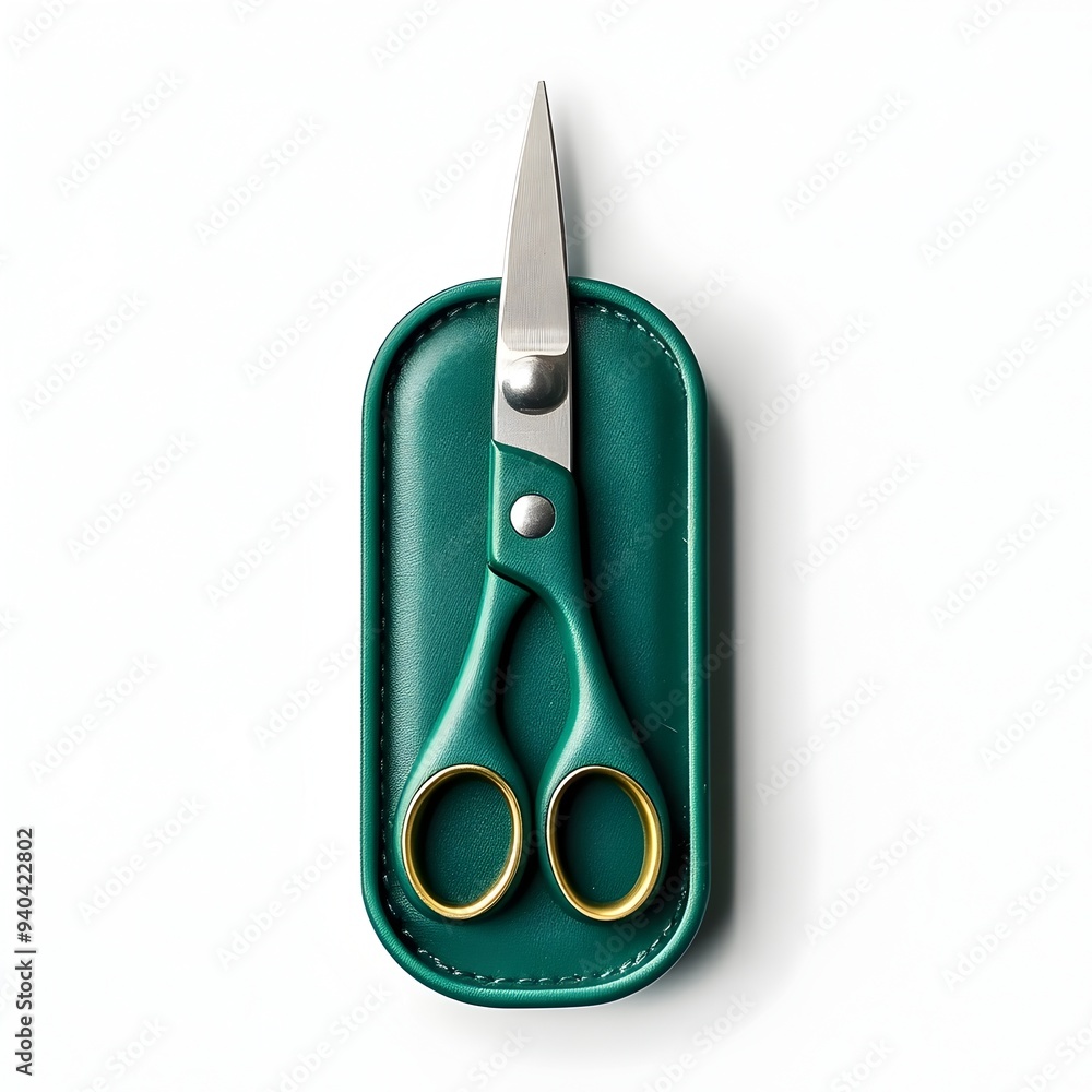 Poster Minimalist studio photography of a green scissors case isolated on a clean white background  The simple elegant object is captured in sharp focus highlighting its textured surface and modern design