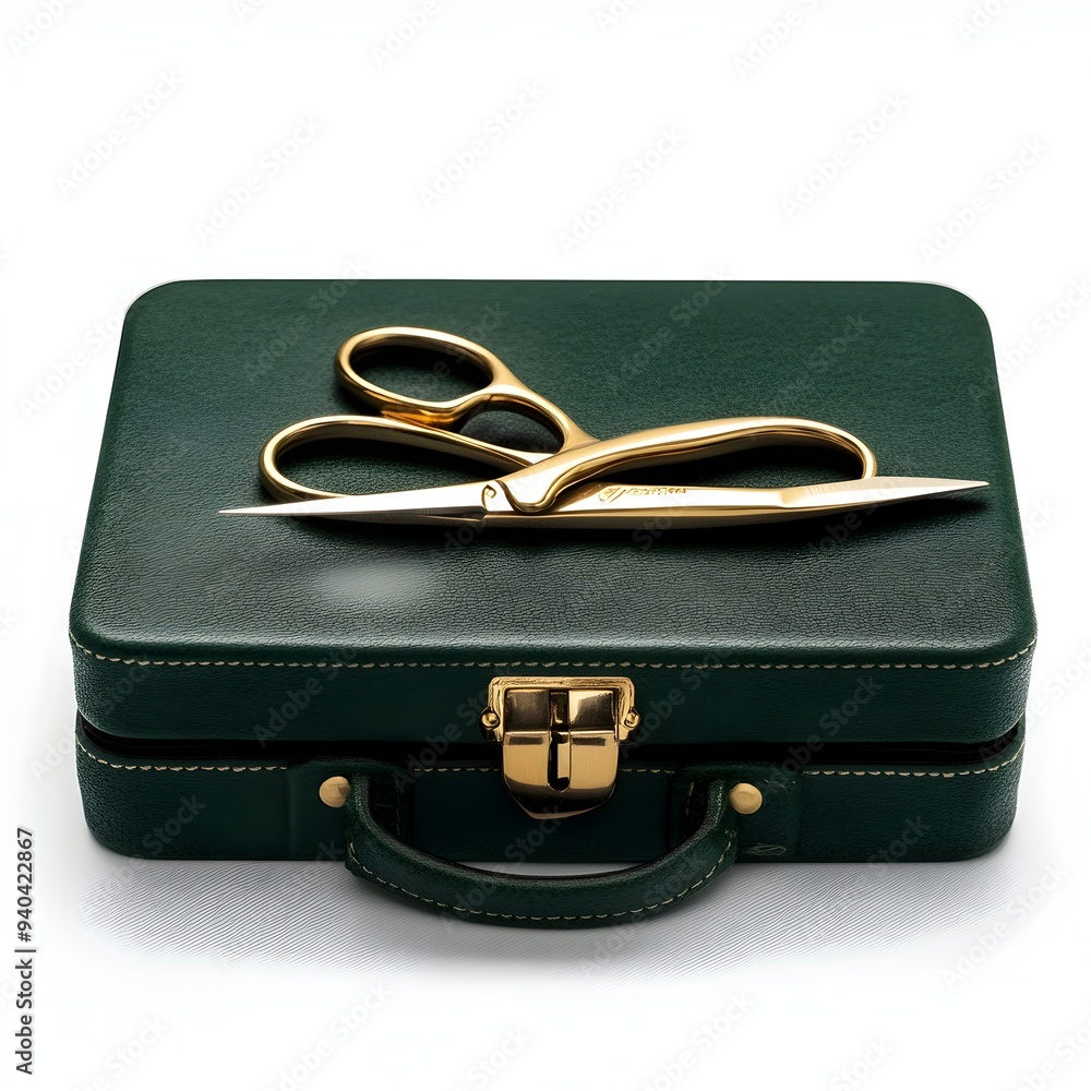 Poster minimalist and elegant green scissors case placed in the center of a clean white studio background s