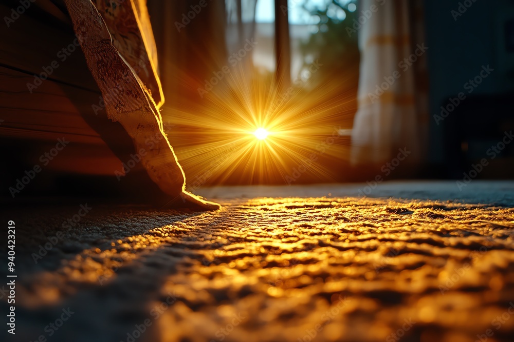 Poster a warm, nostalgic scene of amber-colored light streaming through a window, casting a golden glow acr