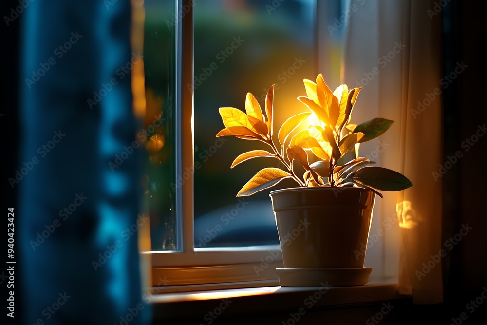 Poster a warm, nostalgic scene of amber-colored light streaming through a window, casting a golden glow acr