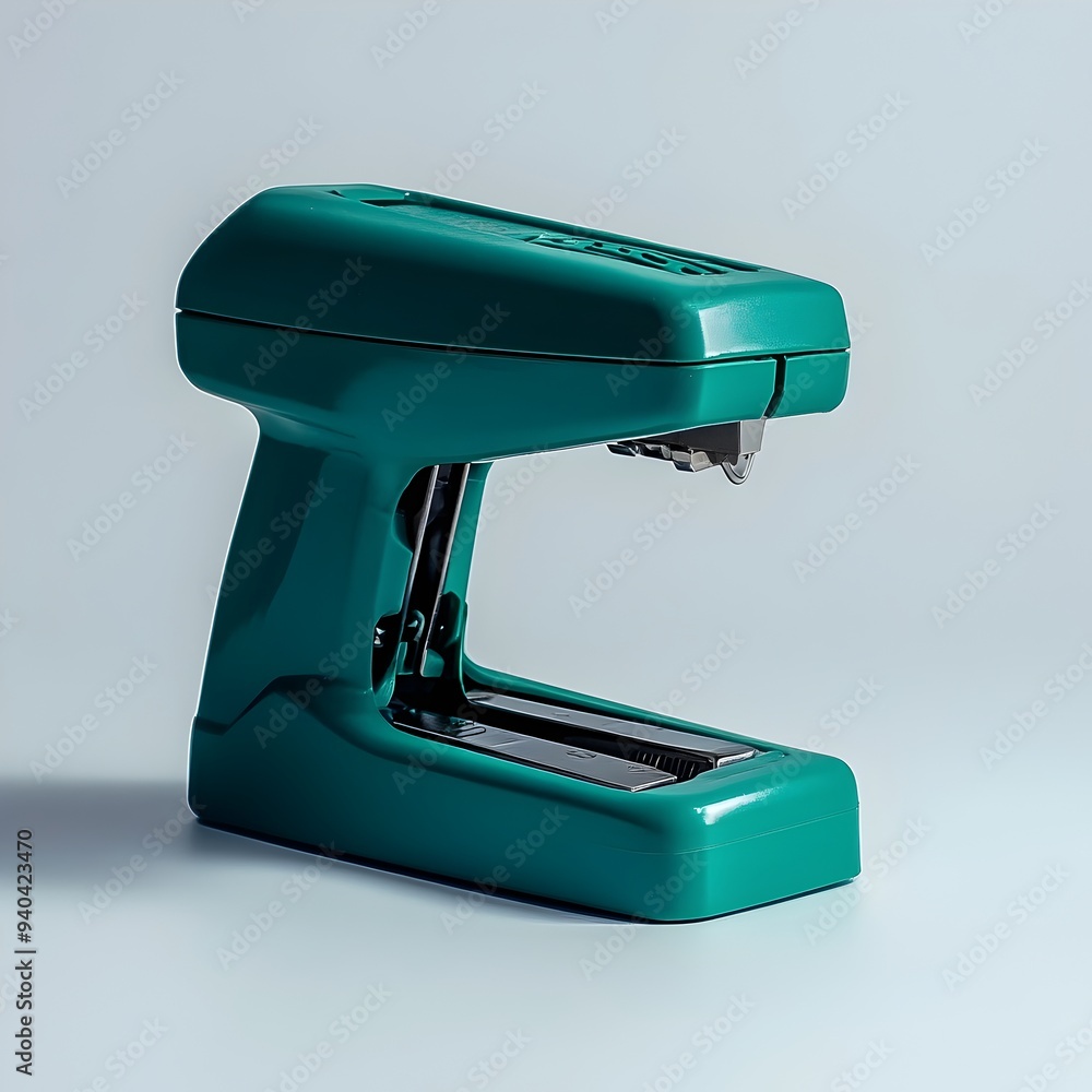 Poster closeup of a green stapler standing upright and centered on a clean white surface with a minimalist 
