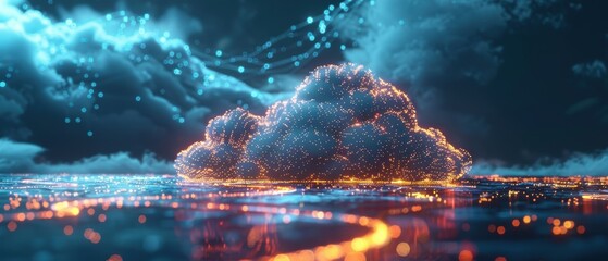 Futuristic High-Tech Cloud Computing Network in Hologram Concept with Glowing Data Pathways on Isolated White Background