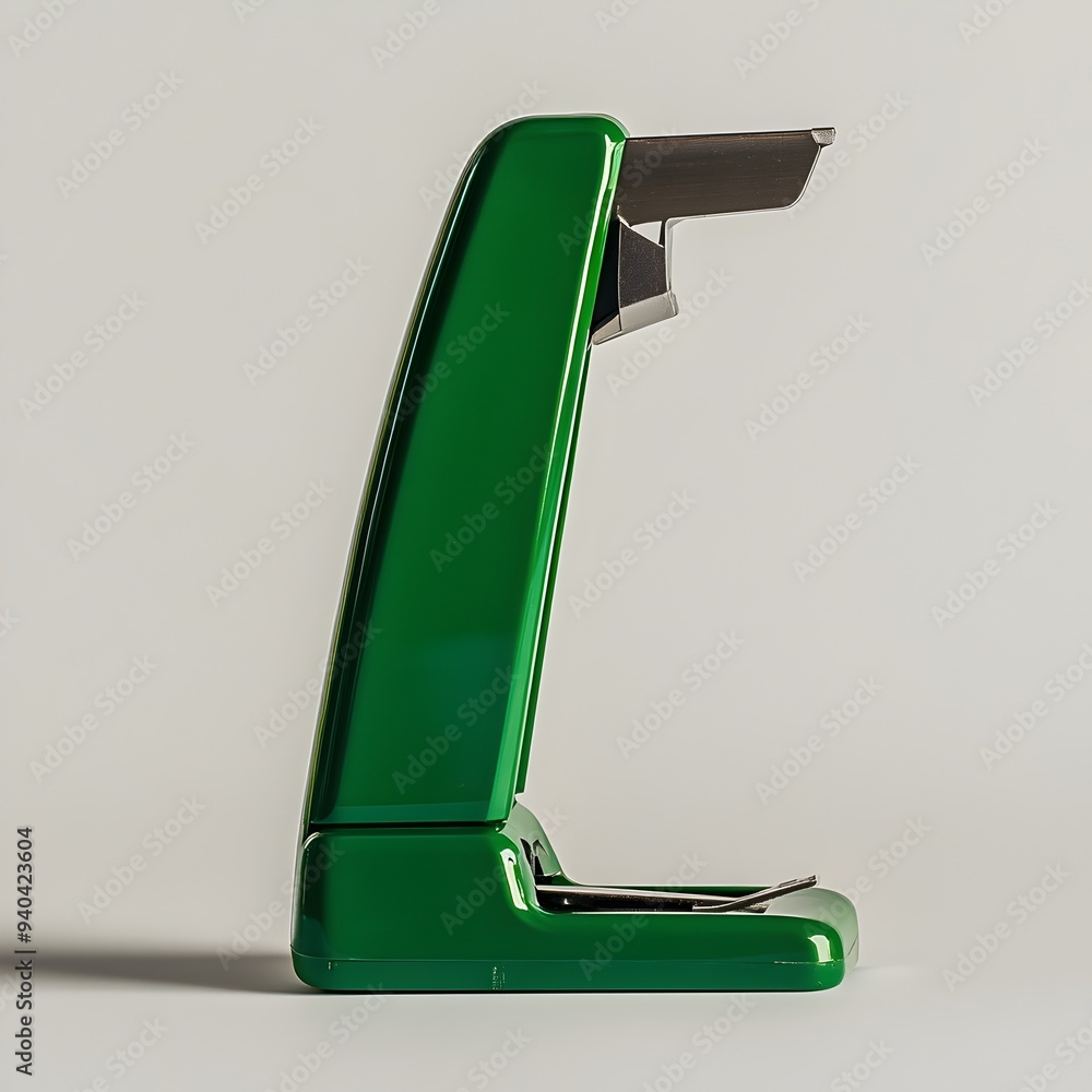 Poster Photograph of a green stapler standing upright at the center of a pristine white surface showcasing its simple yet functional design and highlighting its minimalist appeal in a studio setting
