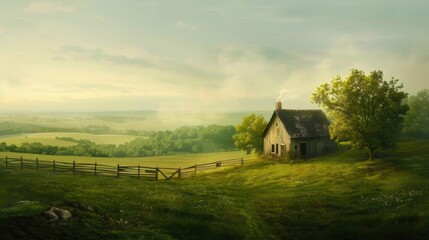Placid pastoral scene with knolls, meadows, and an agricultural dwelling for a calming bucolic setting.