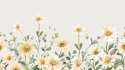 Fototapeta premium Chamomile floral illustration featuring daisy flowers and leaves arranged in a frame or border, suitable for vintage wedding invitations.