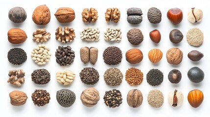 42. A collection of various nut seeds isolated on a white backdrop