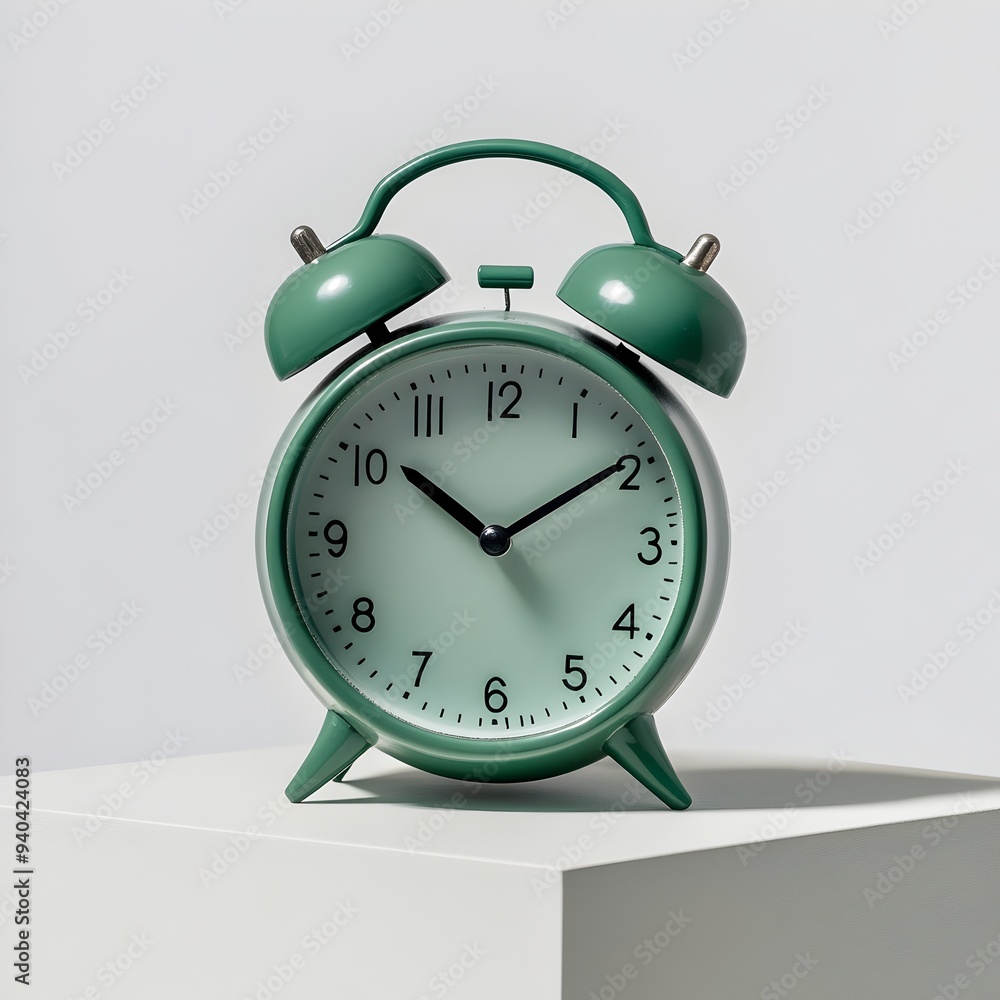 Poster elegant green desk clock with classic design centered on a simple white surface showcasing a minimal