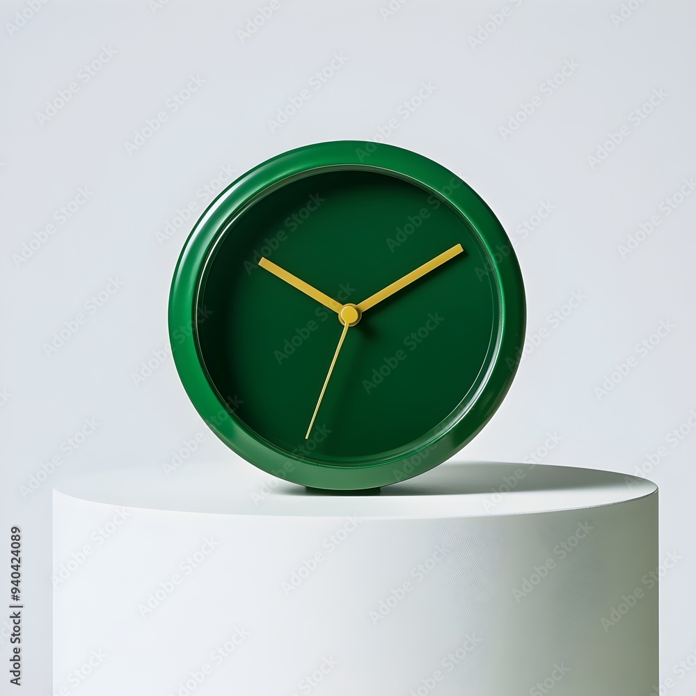 Poster stylish and modern green analog desk clock placed centrally on a plain white background showcasing a