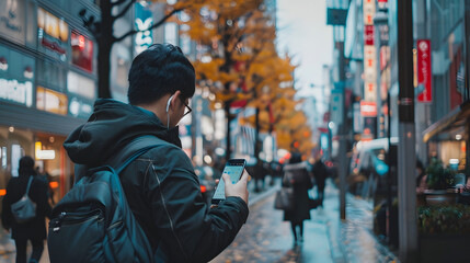 A young man wearing a backpack looks at his phone while walking down a lively city street lined with trees and autumn leaves, with blurred pedestrians and city lights in the background.