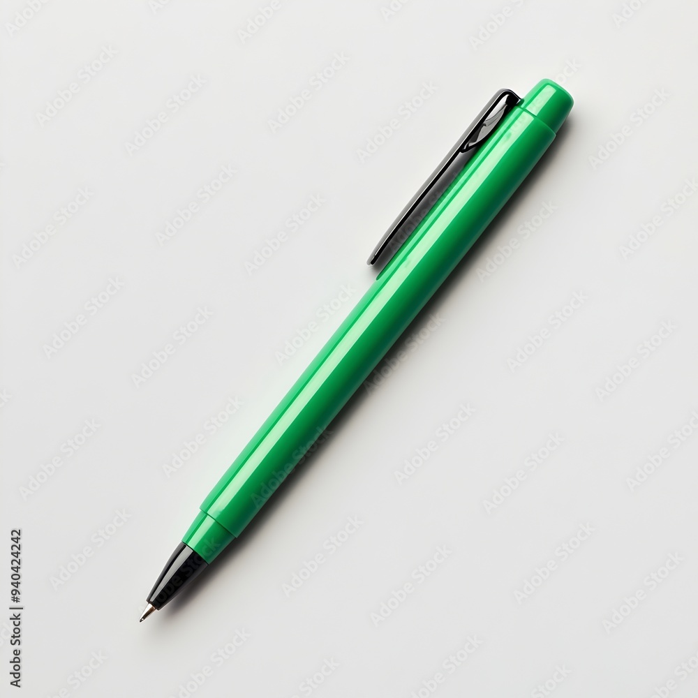 Poster close up photograph of a green pen lying flat at the center of a plain neutral colored surface creat